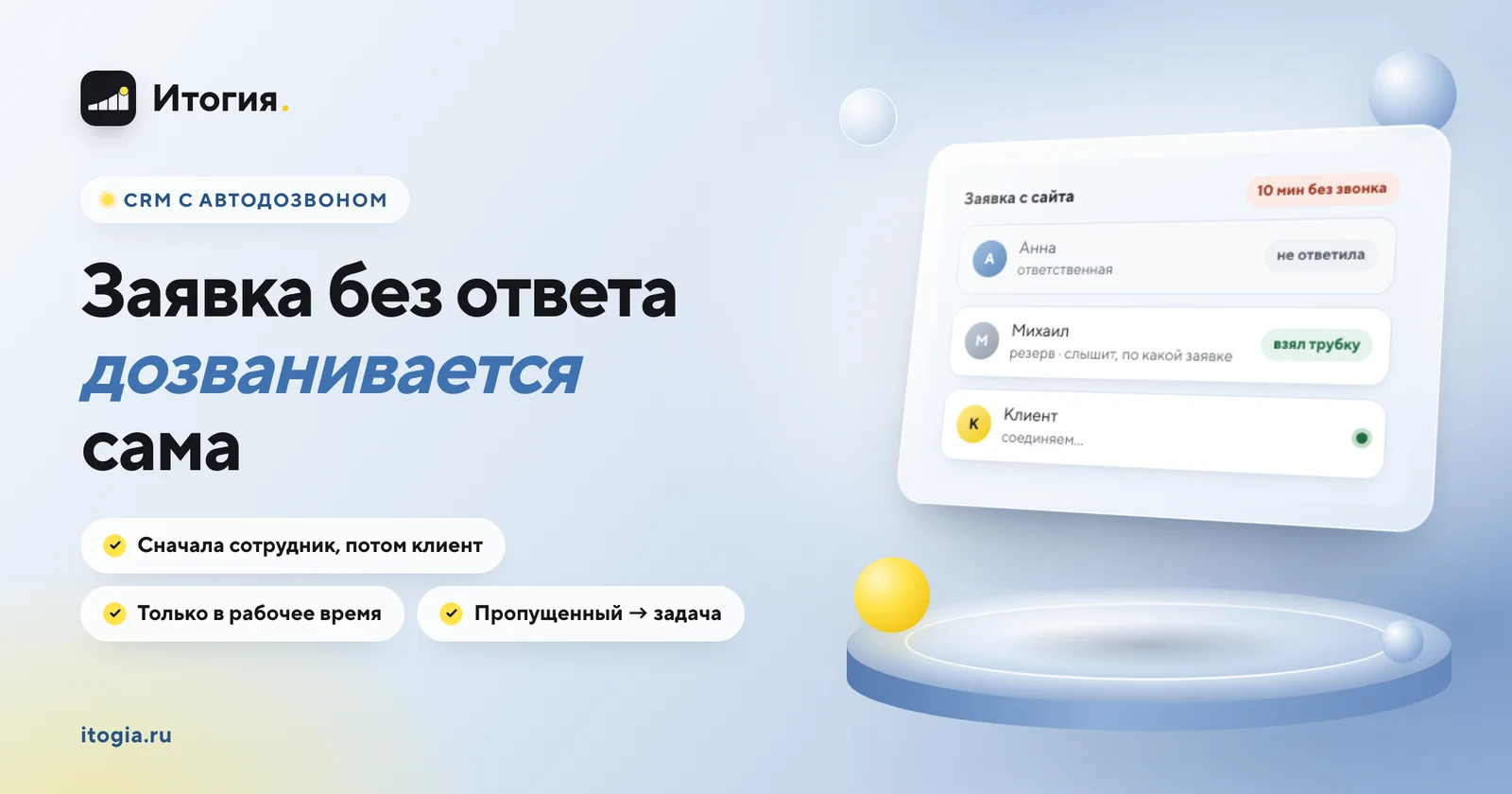 Автодозвон в CRM Итогия: заявка без ответа — звонок менеджеру, затем соединение с клиентом