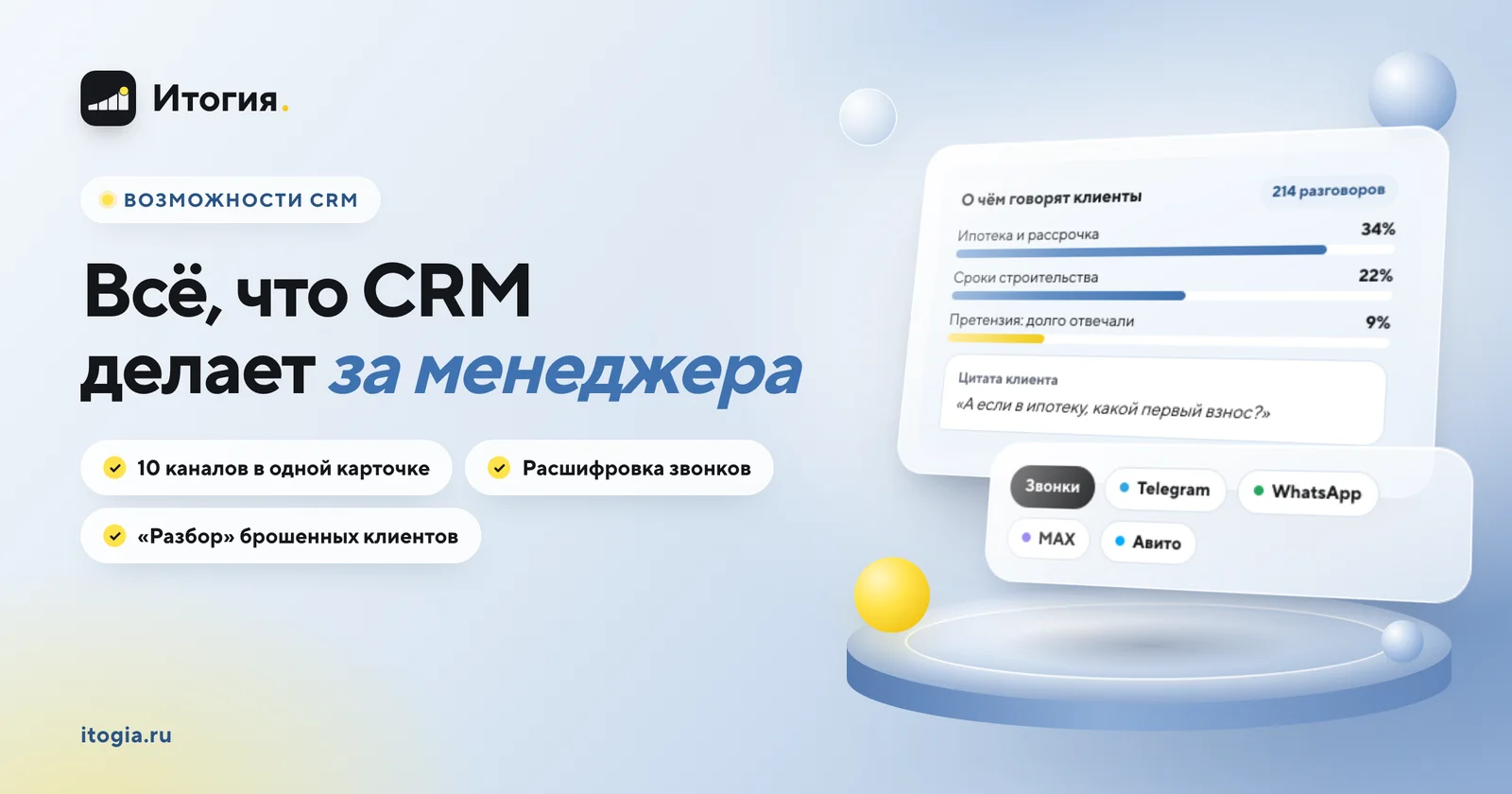 Возможности CRM Итогия: автодозвон, расшифровка звонков, 10 каналов в одной карточке